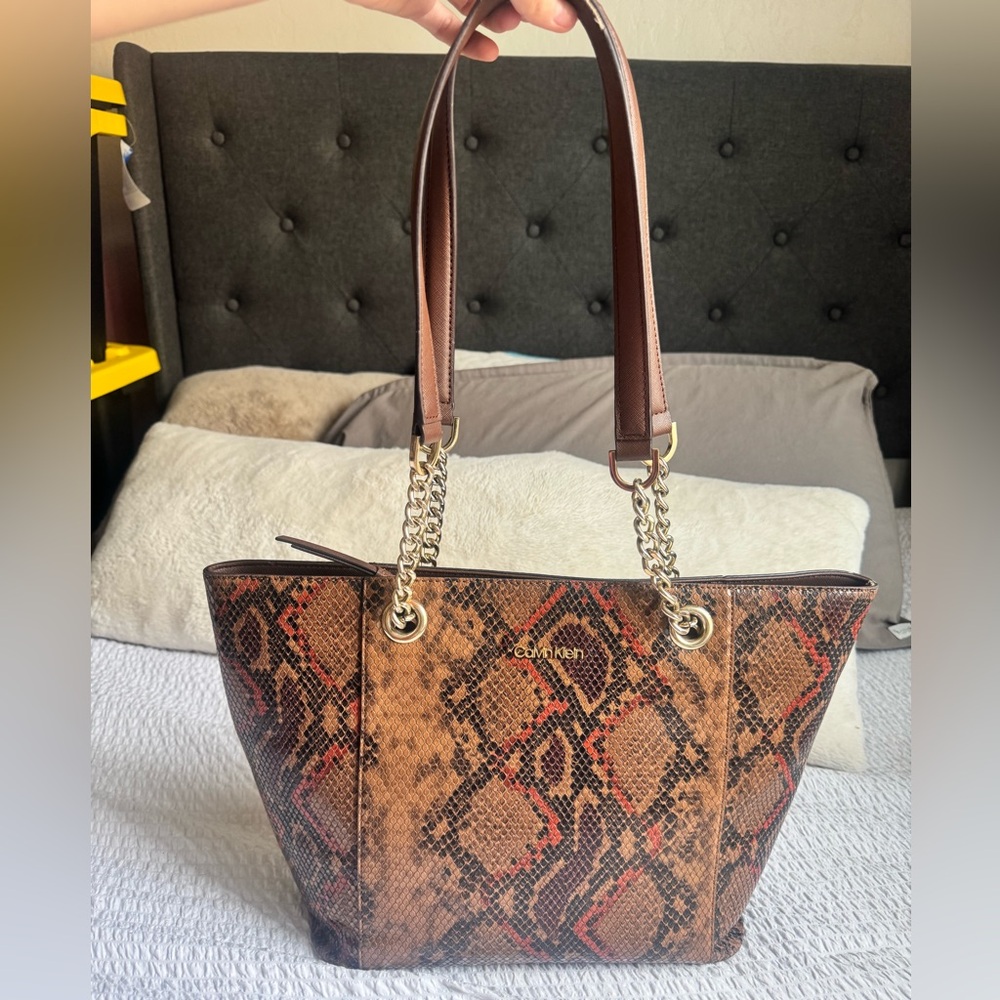 Calvin Klein Tan and Black Snake Print Tote